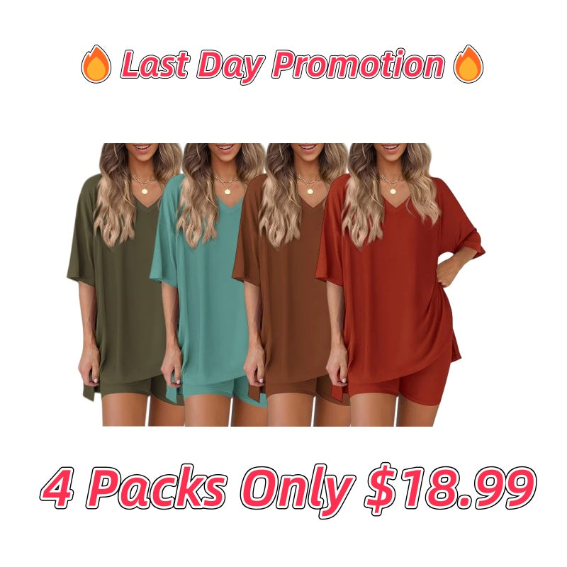 V Neck Oversized Shirt&Biker Shorts Set