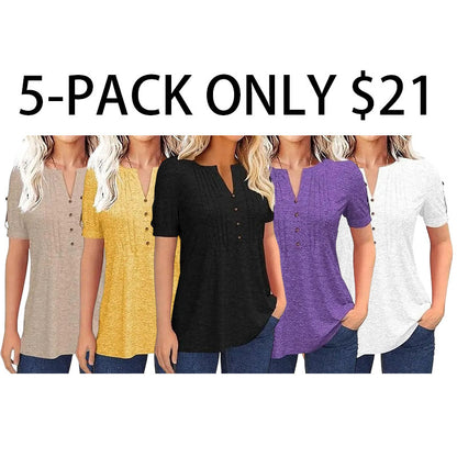 Women’s V Neck T Shirt – Casual Pleated Button Top