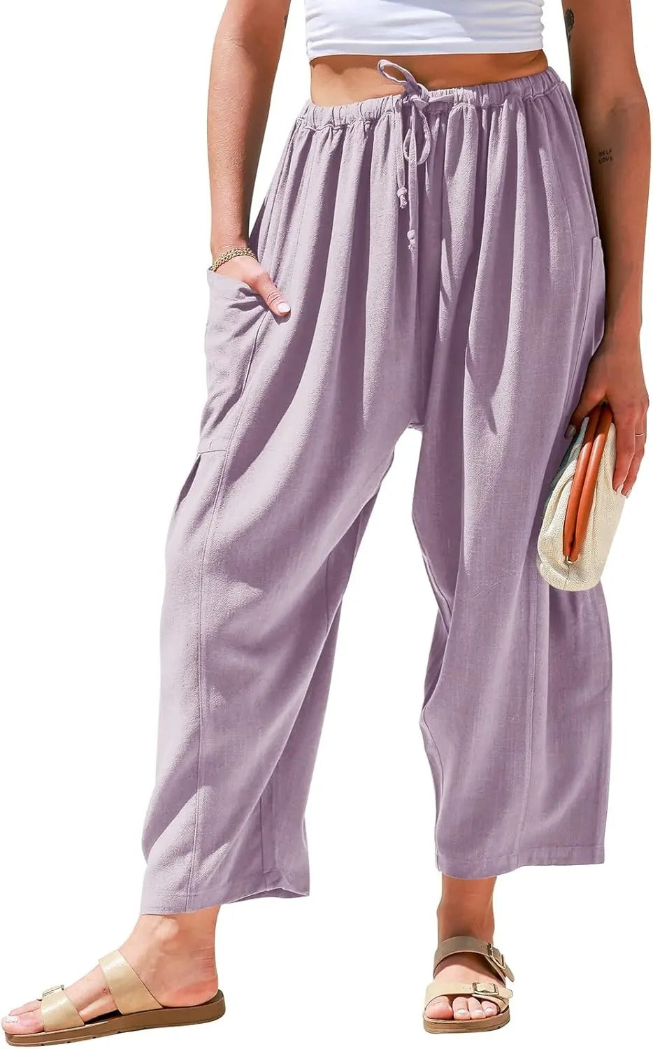 Women Comfort Lightweight Linen Wide Leg Cargo Pants