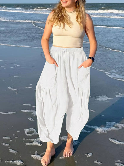Women Comfort Lightweight Linen Wide Leg Cargo Pants