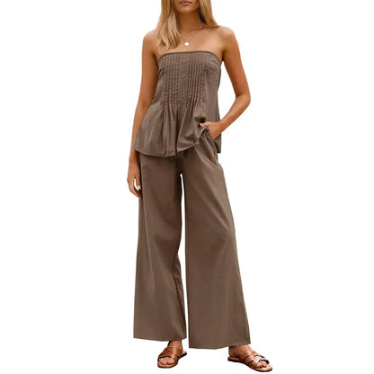 Women's Pleated Set Tube Top And Wide Leg Pants