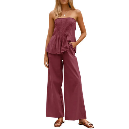 Women's Pleated Set Tube Top And Wide Leg Pants