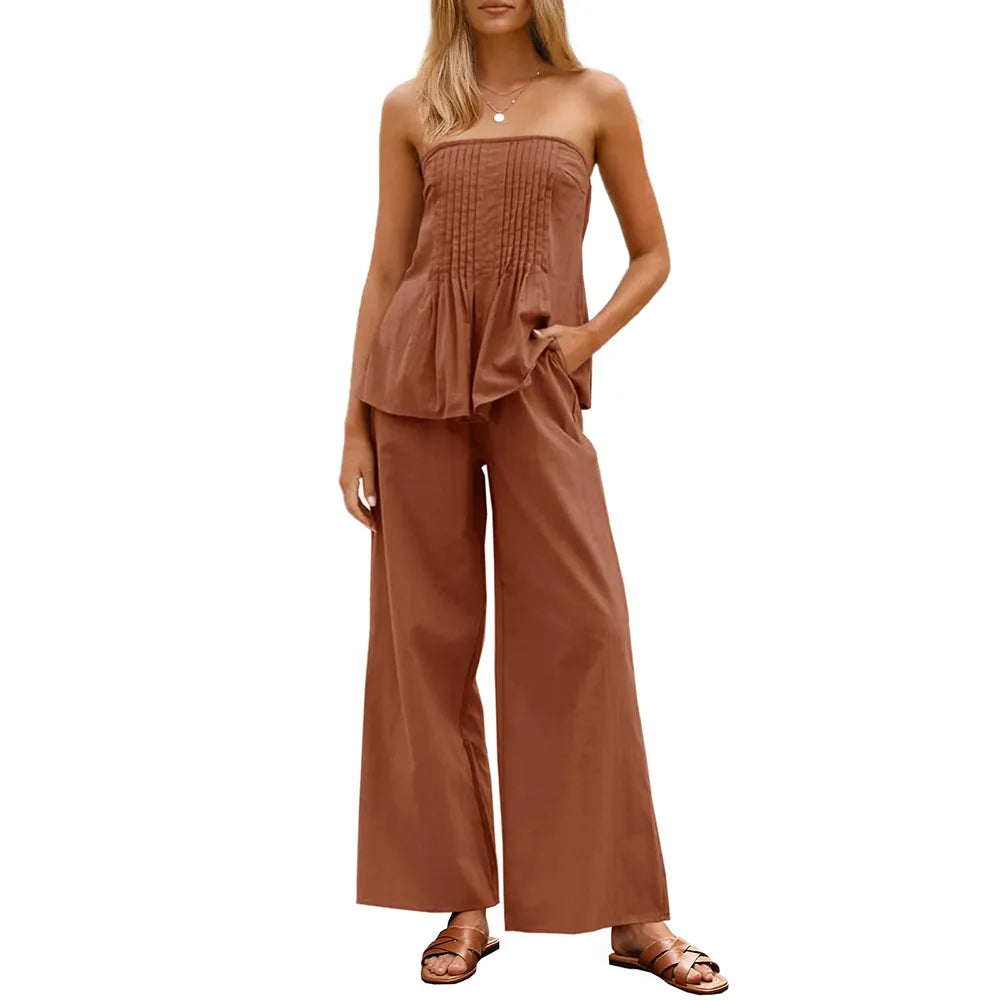 Women's Pleated Set Tube Top And Wide Leg Pants