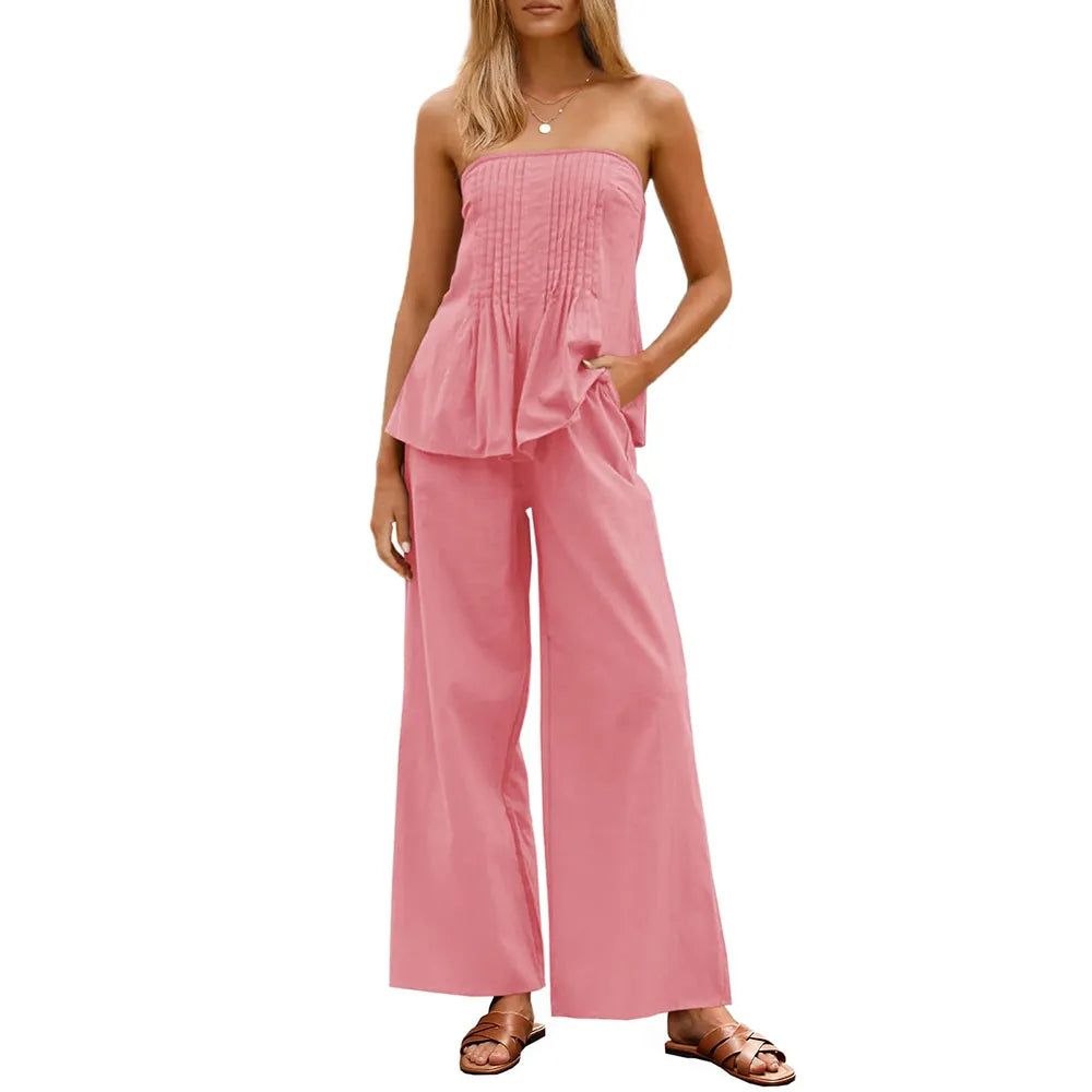 Women's Pleated Set Tube Top And Wide Leg Pants