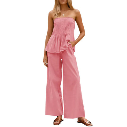 Women's Pleated Set Tube Top And Wide Leg Pants
