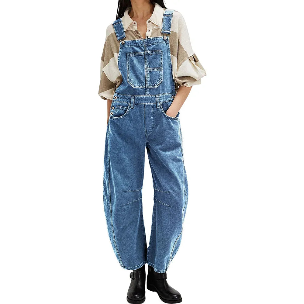 Wide-Leg Denim Overalls Loose Straight Overalls Jumpsuit