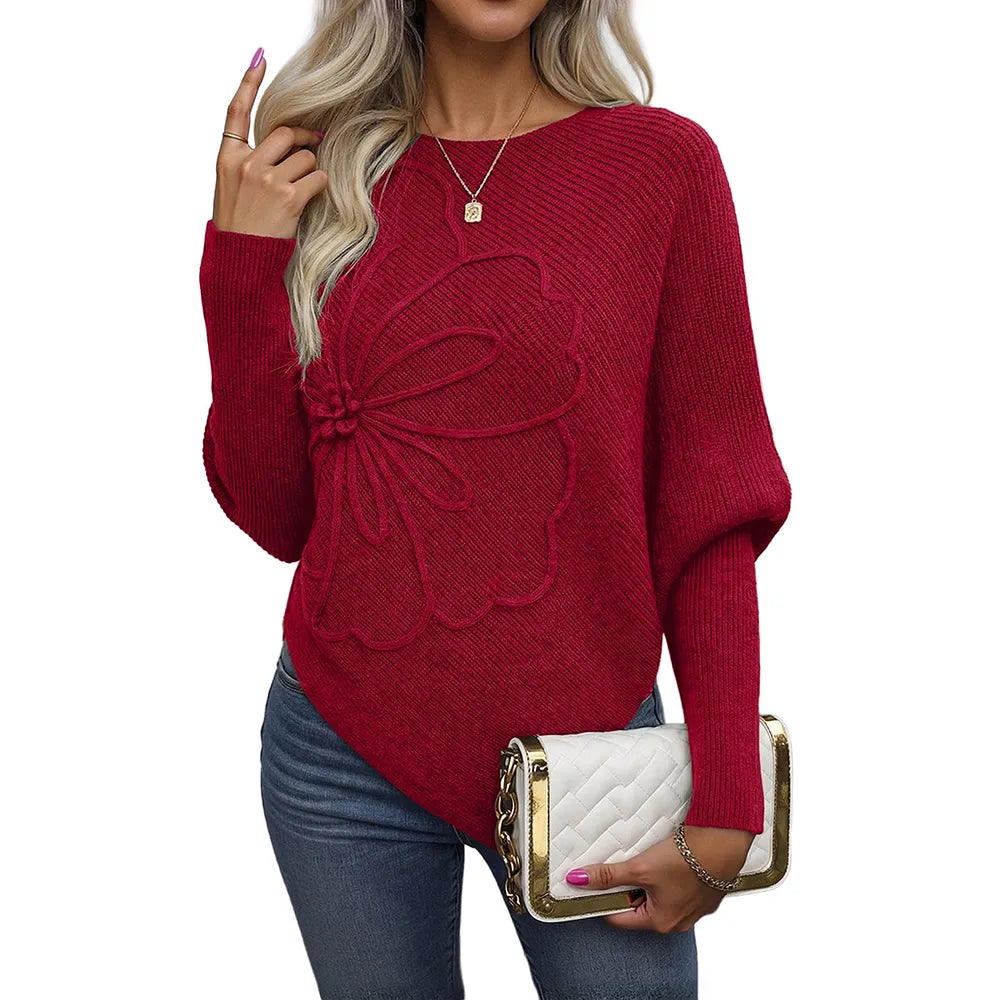 Women's Sweaters Floral Batwing Sleeve Asymmetrical Hem