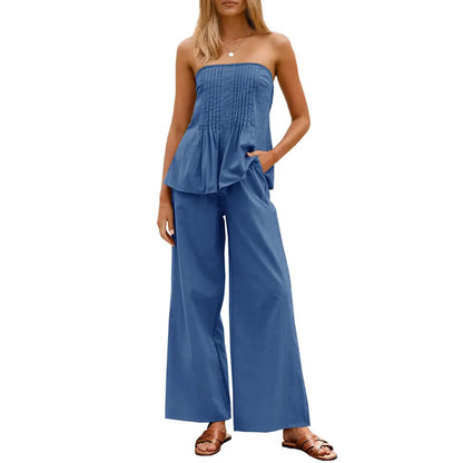 Women's Pleated Set Tube Top And Wide Leg Pants