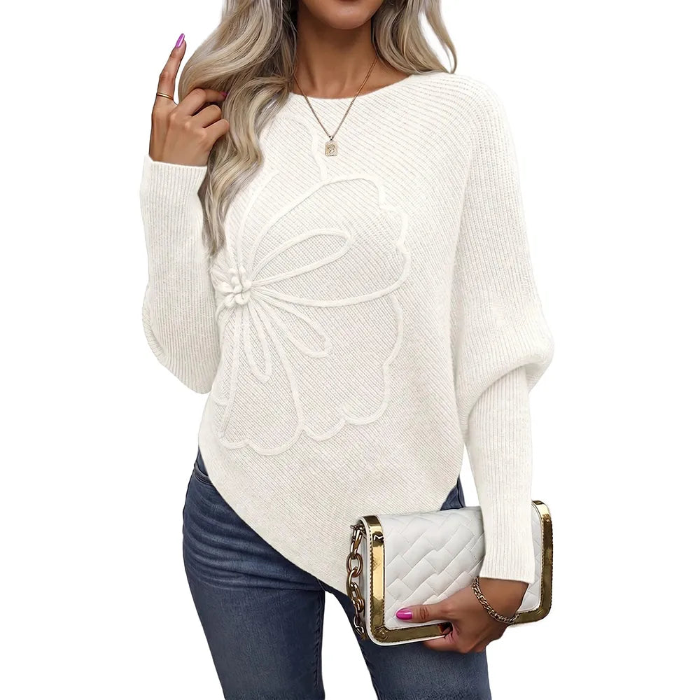 Women's Sweaters Floral Batwing Sleeve Asymmetrical Hem