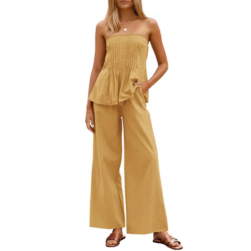 Women's Pleated Set Tube Top And Wide Leg Pants