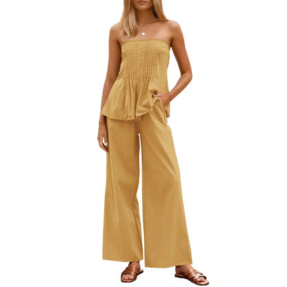 Women's Pleated Set Tube Top And Wide Leg Pants
