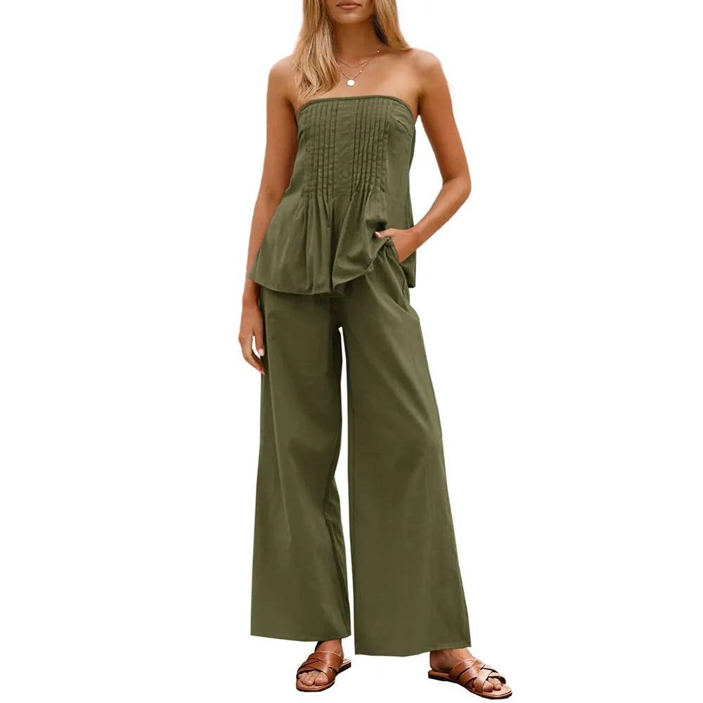 Women's Pleated Set Tube Top And Wide Leg Pants