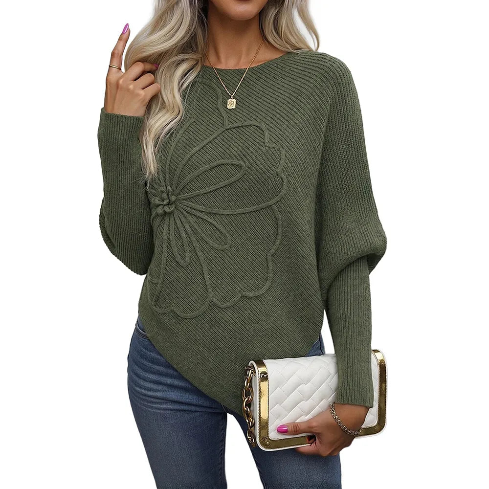 Women's Sweaters Floral Batwing Sleeve Asymmetrical Hem