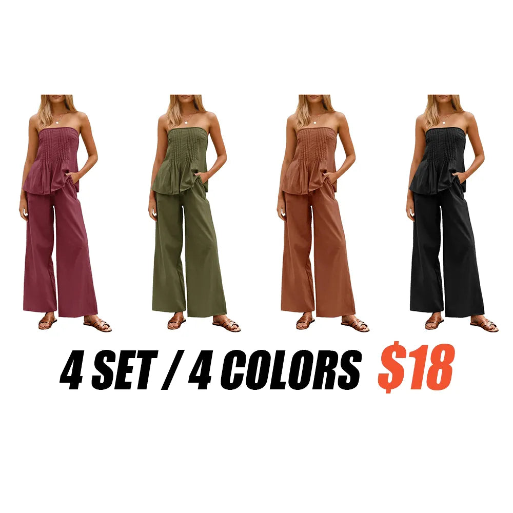 Women's Pleated Set Tube Top And Wide Leg Pants