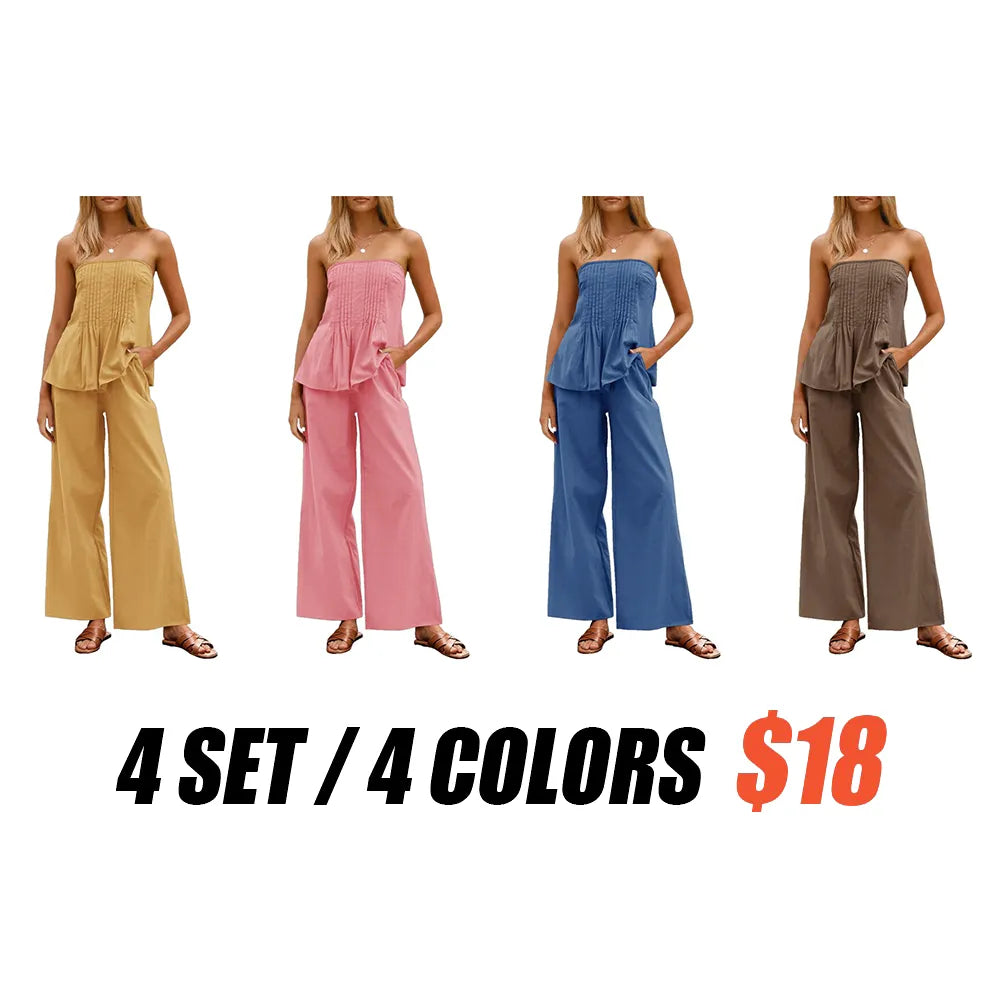 Women's Pleated Set Tube Top And Wide Leg Pants