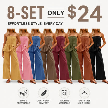 Women's Pleated Set Tube Top And Wide Leg Pants