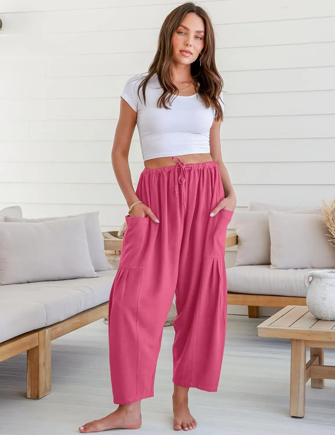 Women Comfort Lightweight Linen Wide Leg Cargo Pants