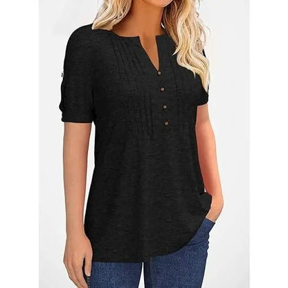 Women’s V Neck T Shirt – Casual Pleated Button Top