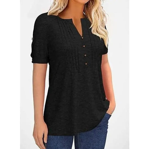 Women’s V Neck T Shirt – Casual Pleated Button Top
