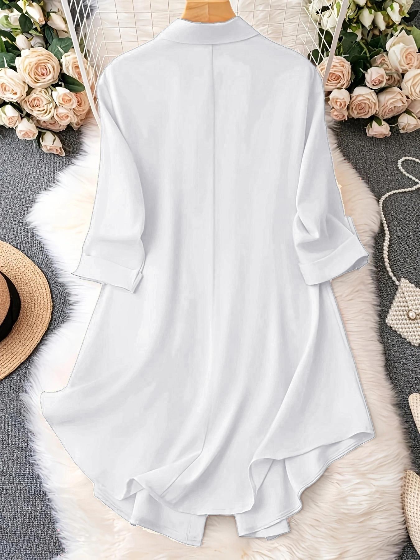 Plus-Size Solid Long Sleeve Button Up Blouse for Spring & Fall