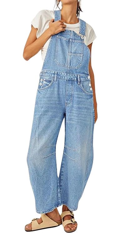 Wide-Leg Denim Overalls Loose Straight Overalls Jumpsuit