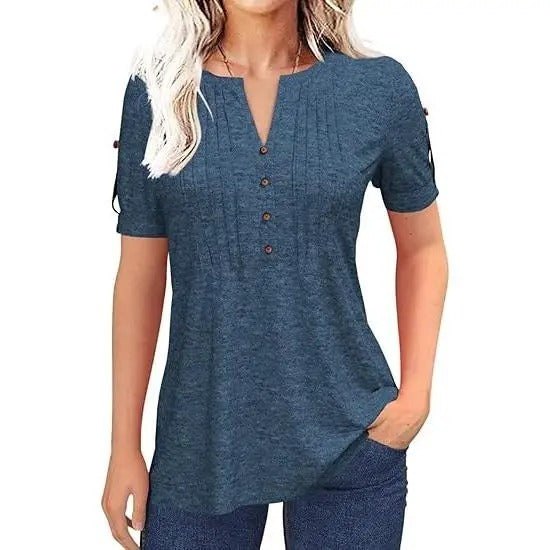 Women’s V Neck T Shirt – Casual Pleated Button Top