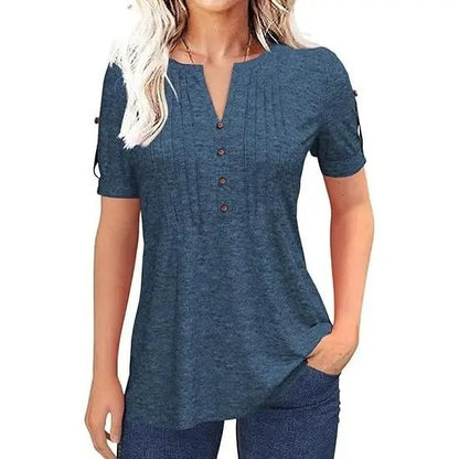 Women’s V Neck T Shirt – Casual Pleated Button Top