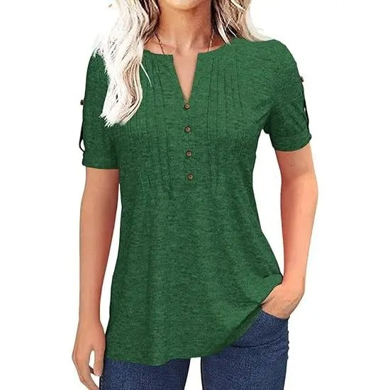 Women’s V Neck T Shirt – Casual Pleated Button Top