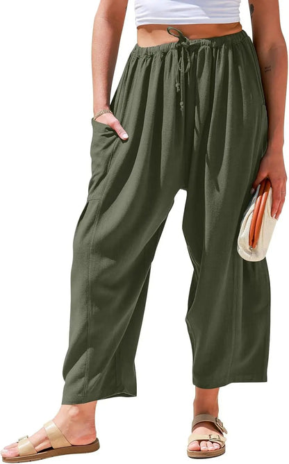 Women Comfort Lightweight Linen Wide Leg Cargo Pants