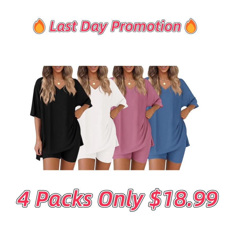 V Neck Oversized Shirt&Biker Shorts Set