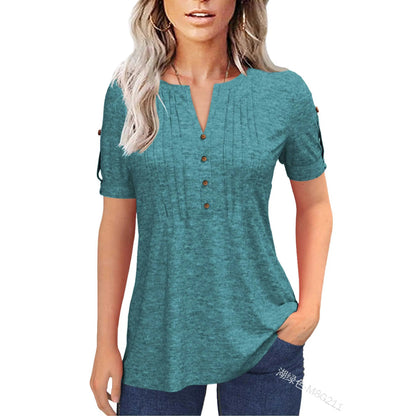 Women’s V Neck T Shirt – Casual Pleated Button Top