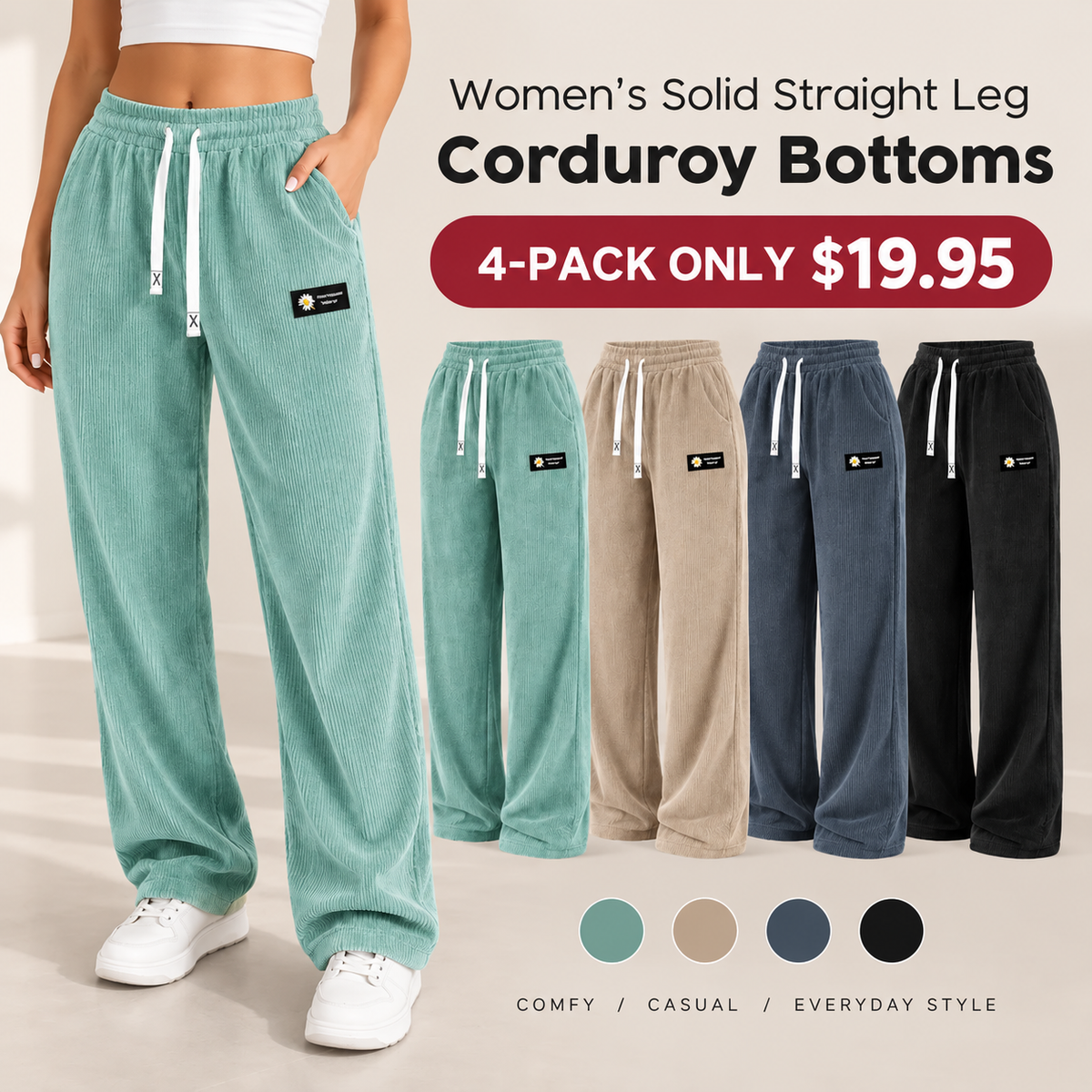 [LAST DAY SALE]Women's Solid Straight Leg Corduroy Bottoms