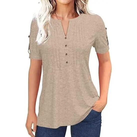 Women’s V Neck T Shirt – Casual Pleated Button Top