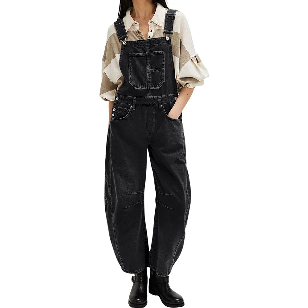 Wide-Leg Denim Overalls Loose Straight Overalls Jumpsuit