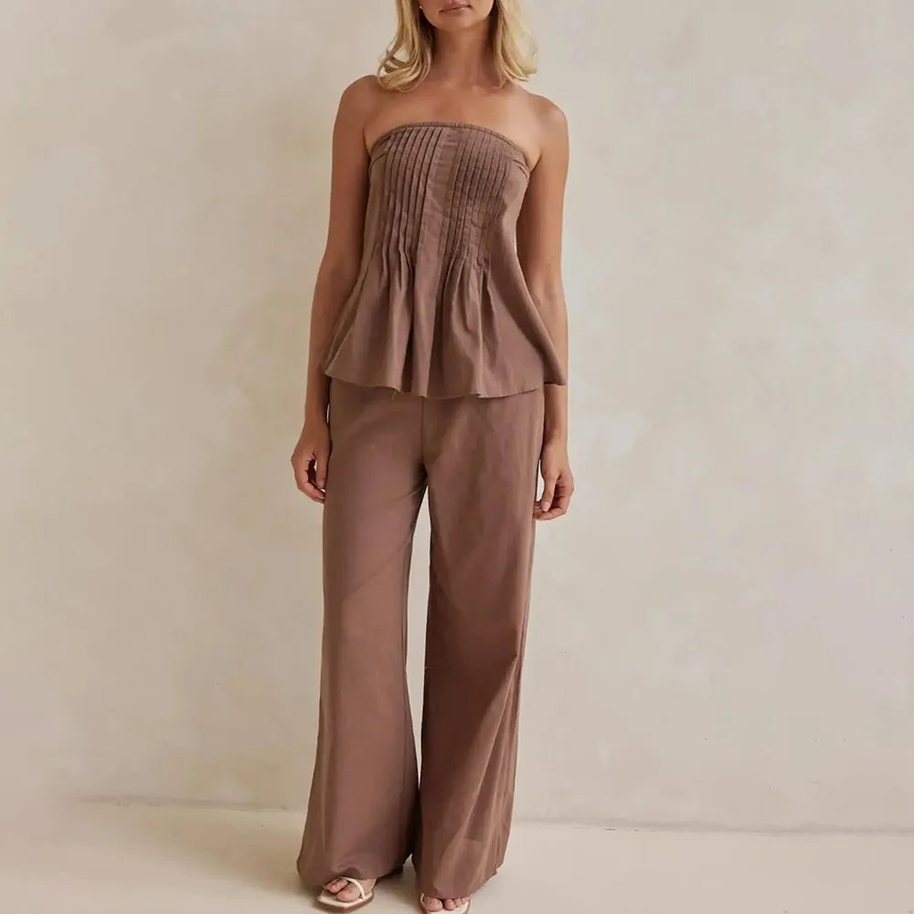 Women's Pleated Set Tube Top And Wide Leg Pants