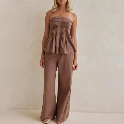Women's Pleated Set Tube Top And Wide Leg Pants
