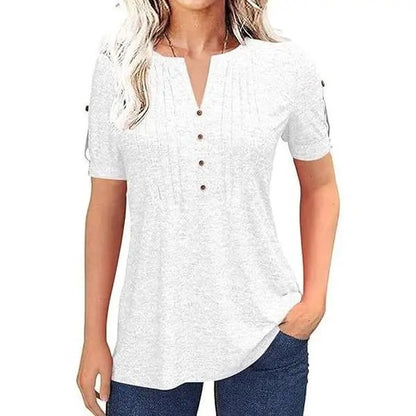 Women’s V Neck T Shirt – Casual Pleated Button Top