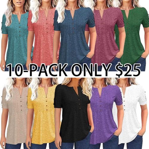 Women’s V Neck T Shirt – Casual Pleated Button Top