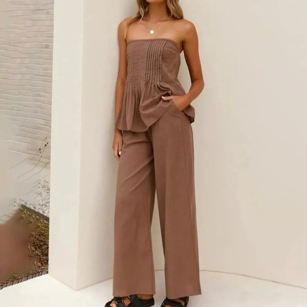 Women's Pleated Set Tube Top And Wide Leg Pants