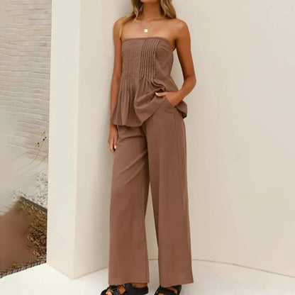 Women's Pleated Set Tube Top And Wide Leg Pants