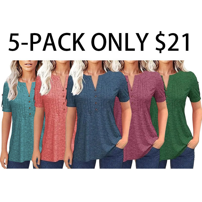 Women’s V Neck T Shirt – Casual Pleated Button Top