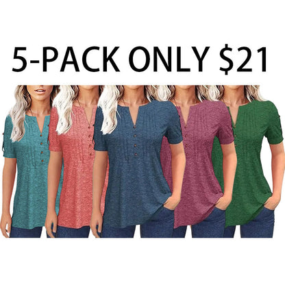Women’s V Neck T Shirt – Casual Pleated Button Top
