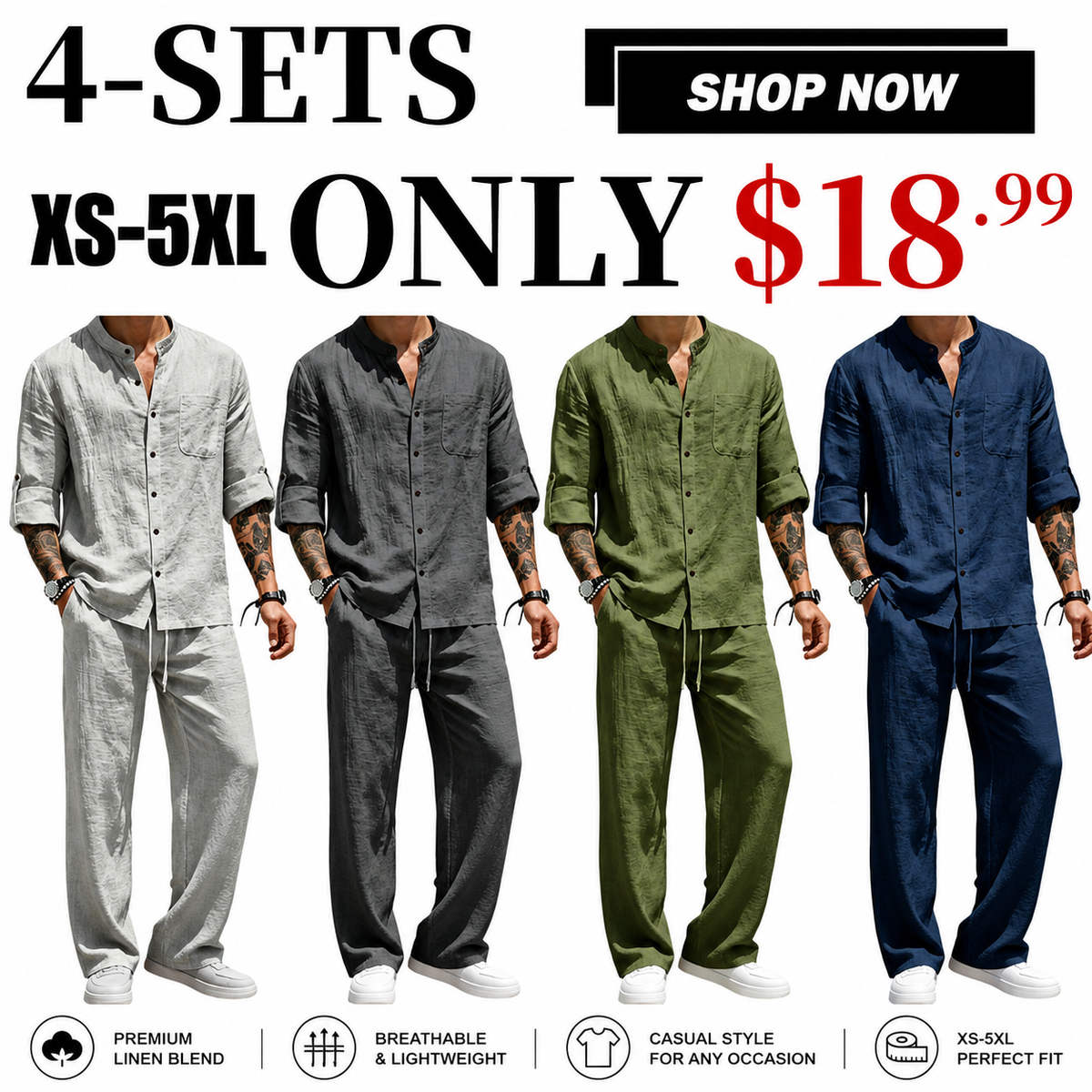 💝💝Men's Linen Stand Collar Long Sleeve Button Shirt & Straight Leg Belted Pants Set