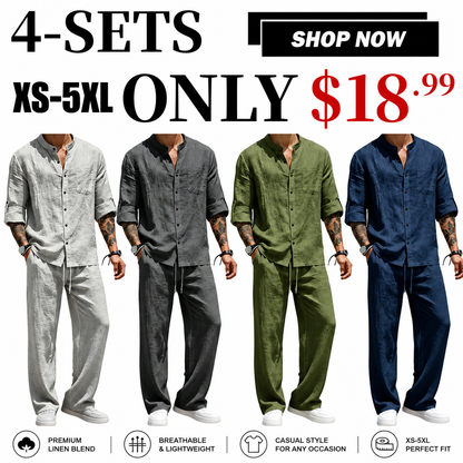 💝💝Men's Linen Stand Collar Long Sleeve Button Shirt & Straight Leg Belted Pants Set