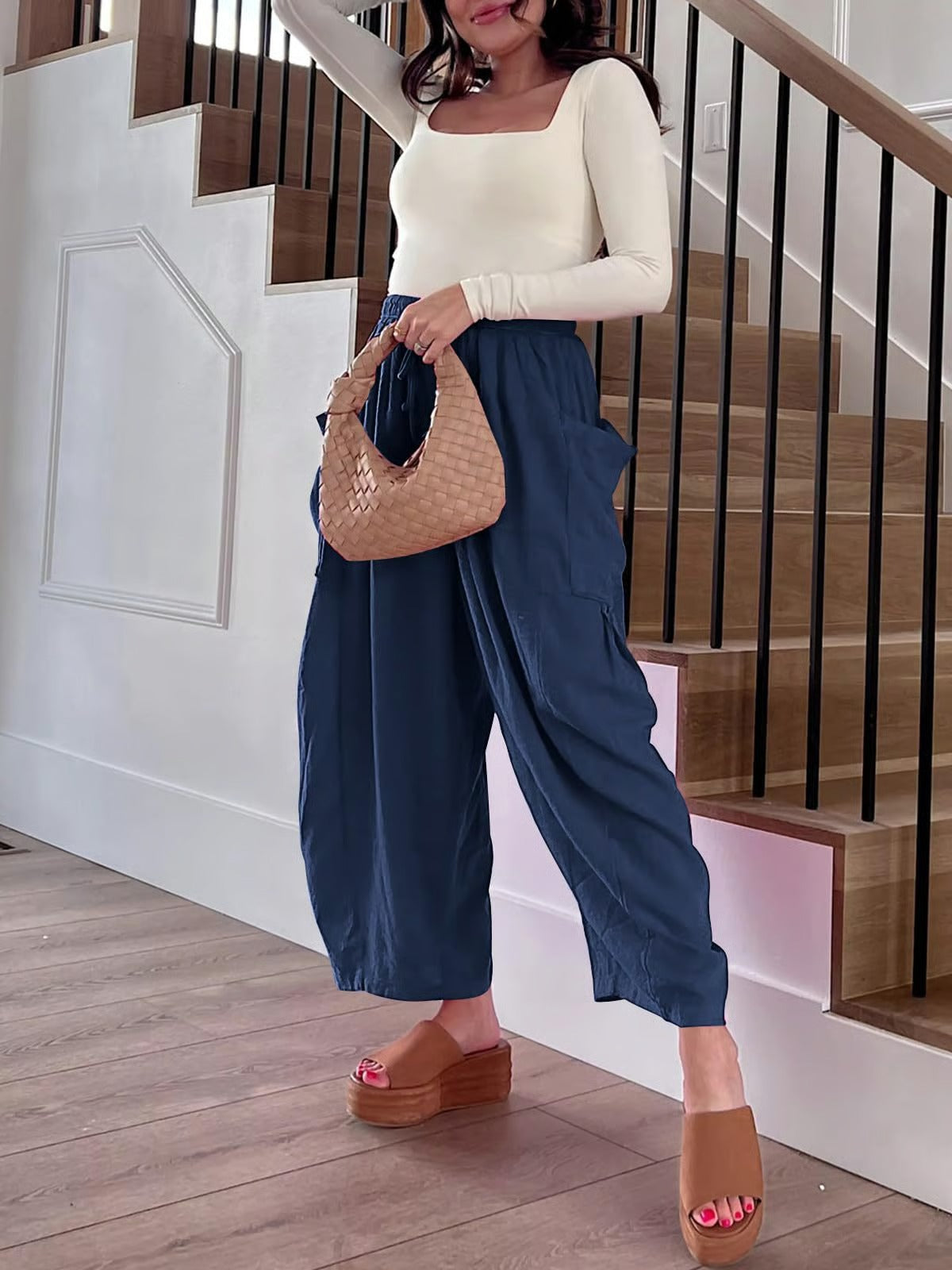 Women Comfort Lightweight Linen Wide Leg Cargo Pants