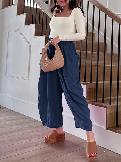 Women Comfort Lightweight Linen Wide Leg Cargo Pants