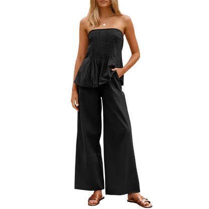 Women's Pleated Set Tube Top And Wide Leg Pants