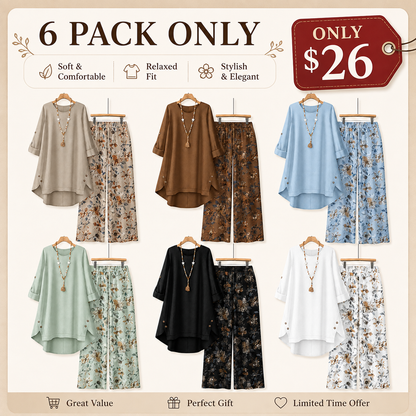 [LAST DAY SALE]Women's Cotton Linen Half Sleeve Top ＆ Pants Set