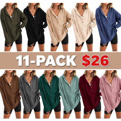 Women's Oversized Button V-Neck Hoodie Sweatshirt