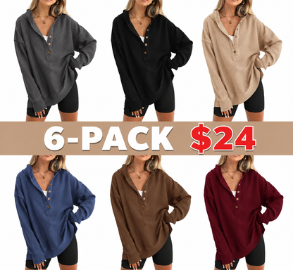 Women's Oversized Button V-Neck Hoodie Sweatshirt